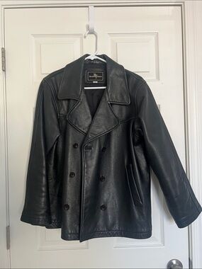 Brandon Thomas Black Double-Breasted Leather Pea Coat
